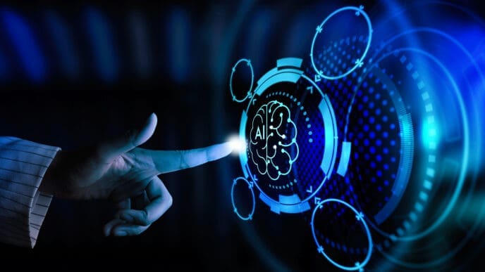 A person's finger touches a glowing blue, futuristic interface, activating a central icon of a brain with the letters "AI" inside, symbolizing artificial intelligence.