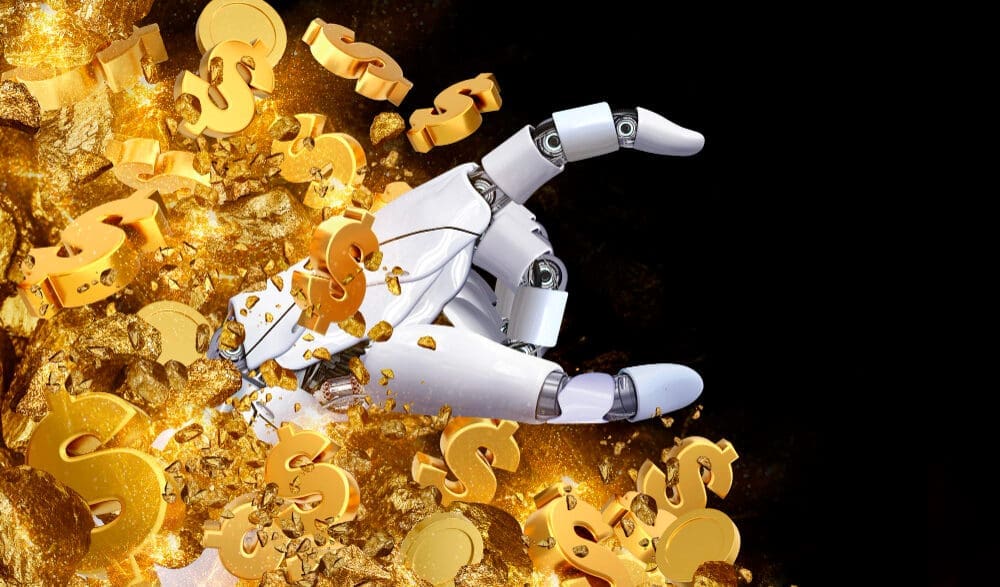 A white robotic arm reaches out from a chaotic pile of golden dollar signs and gold nuggets, symbolizing AI's impact on wealth and investment, against a black background.
