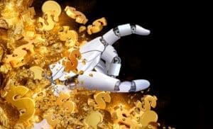A white robotic arm reaches out from a chaotic pile of golden dollar signs and gold nuggets, symbolizing AI's impact on wealth and investment, against a black background.