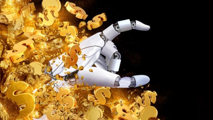 A white robotic arm reaches out from a chaotic pile of golden dollar signs and gold nuggets, symbolizing AI's impact on wealth and investment, against a black background.