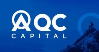 The logo for AQC Capital, featuring the letters 'AQC CAPITAL' in white with an upward-pointing arrow integrated into the 'A'. It is set against a blue background with a silhouette of a person standing on a mountain peak.
