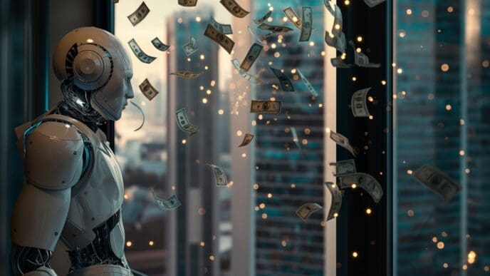 A futuristic, humanoid robot stands inside a high-rise building looking out a window at a city skyline, while dollar bills and glowing light particles float in the air around it.