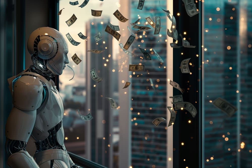 A futuristic, humanoid robot stands inside a high-rise building looking out a window at a city skyline, while dollar bills and glowing light particles float in the air around it.