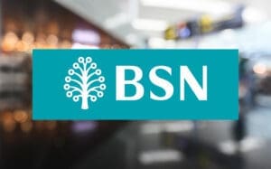 The BSN (Bank Simpanan Nasional) logo, featuring a stylized white tree icon and the letters "BSN" on a teal rectangle, superimposed over a blurry photo of a modern building interior.
