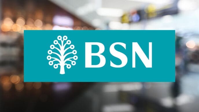 The BSN (Bank Simpanan Nasional) logo, featuring a stylized white tree icon and the letters "BSN" on a teal rectangle, superimposed over a blurry photo of a modern building interior.