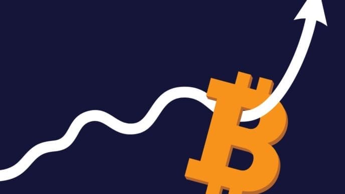 A flat vector illustration showing a large orange Bitcoin symbol (₿) with a thick, white, wavy line curving sharply upwards through it, ending in an arrow, all on a dark blue background.