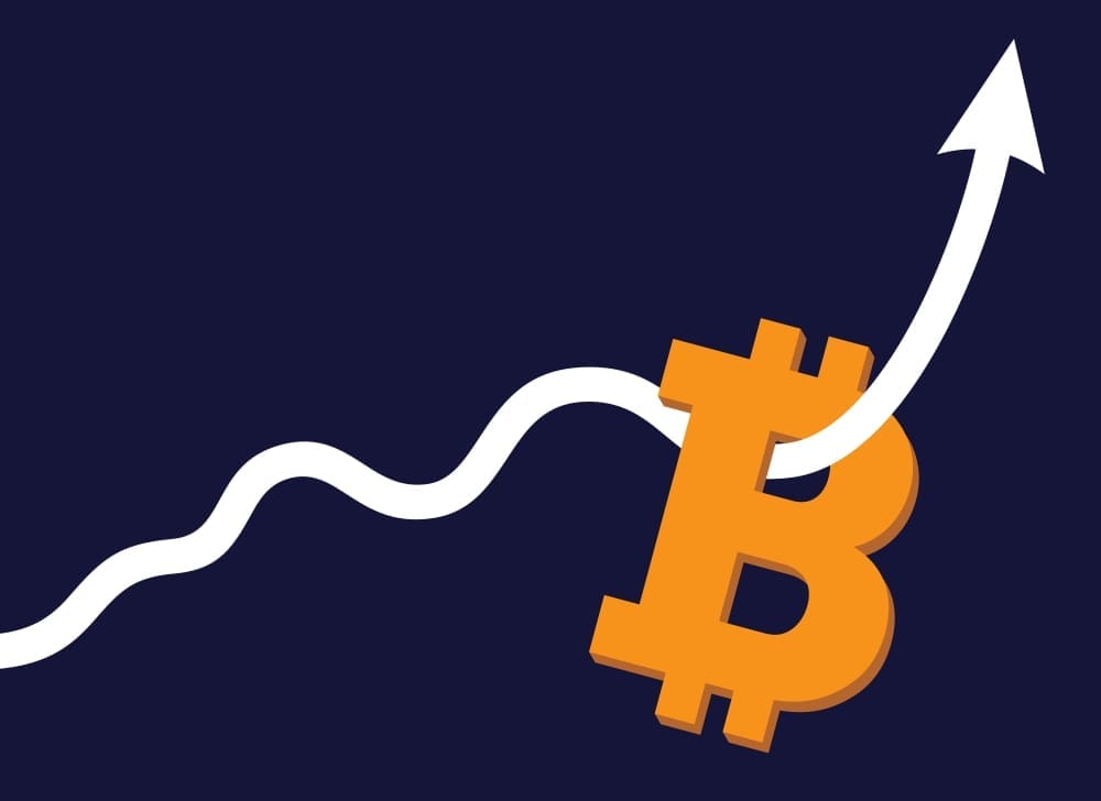 A flat vector illustration showing a large orange Bitcoin symbol (₿) with a thick, white, wavy line curving sharply upwards through it, ending in an arrow, all on a dark blue background.
