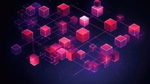 A 3D abstract illustration of a decentralized network, featuring numerous red and pink interconnected cubes with glowing purple lines against a dark, tech-inspired background.