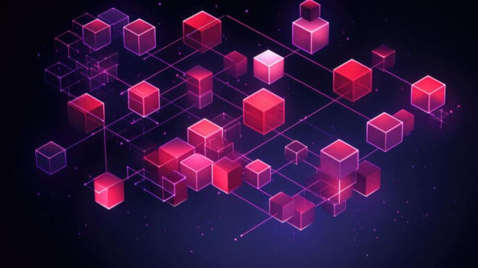 A 3D abstract illustration of a decentralized network, featuring numerous red and pink interconnected cubes with glowing purple lines against a dark, tech-inspired background.