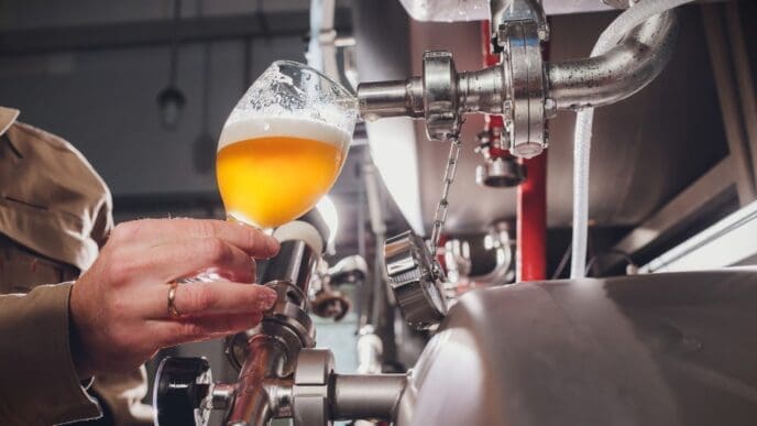 A close-up of a person's hand holding a stemmed glass, pouring a hazy, golden beer directly from a tap on a large stainless steel brewing tank inside a brewery.
