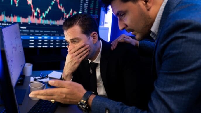 Two male financial professionals in suits look stressed in front of multiple computer screens displaying volatile stock charts. One man covers his mouth in dismay, while the other places a comforting hand on his shoulder.
