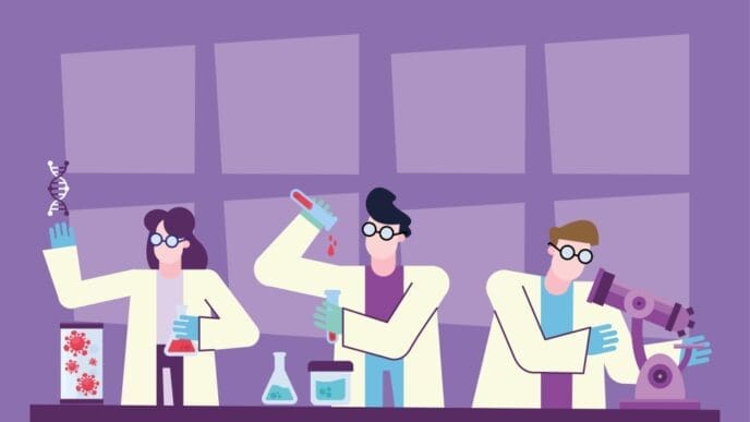 A vector illustration of scientists in a laboratory working on COVID-19 vaccine research, showing lab equipment and stylized representations of the virus.