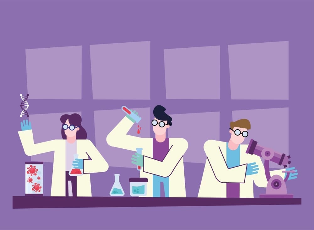 A vector illustration of scientists in a laboratory working on COVID-19 vaccine research, showing lab equipment and stylized representations of the virus.
