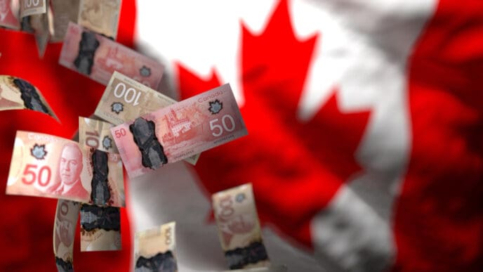 Canadian dollar banknotes, some appearing slightly damaged or burnt at the edges, are floating against a blurred background of the Canadian flag, symbolizing economic challenges.