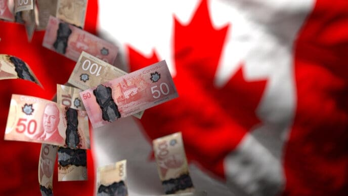 Canadian dollar banknotes, some appearing slightly damaged or burnt at the edges, are floating against a blurred background of the Canadian flag, symbolizing economic challenges.