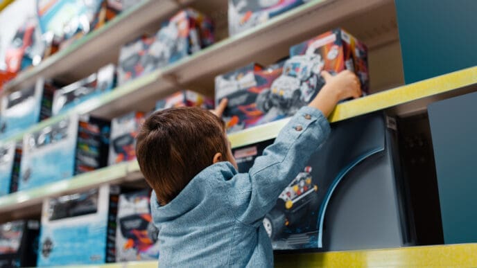 A young boy, seen from behind, stretches upwards with both hands to reach a toy box on a high shelf in a brightly lit toy store aisle.