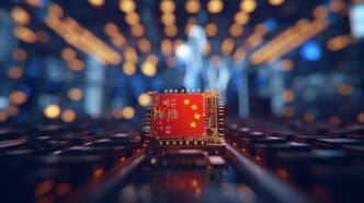 A conceptual image of a computer microchip with the flag of China on its surface, placed on a glowing circuit board in a high-tech, dark, and futuristic environment.