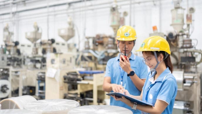 Two industrial workers, a man and a woman who appear to be of East Asian descent, wearing yellow hard hats and blue uniforms, inspect a clipboard and talk in a factory setting with machinery in the background.