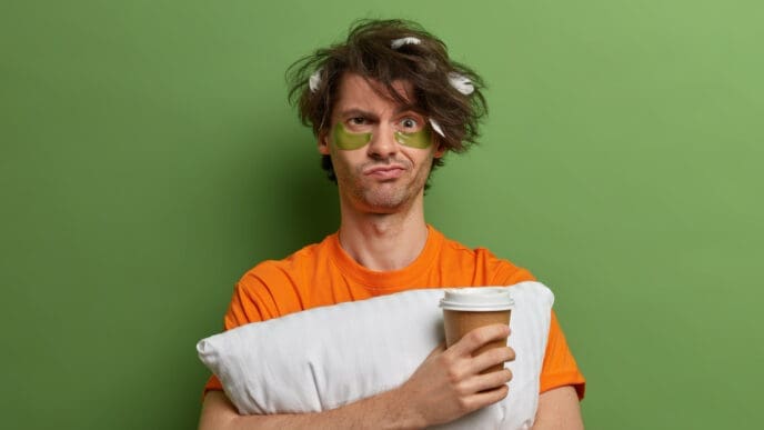 Close up on young man with a cup of coffee without being able to sleep