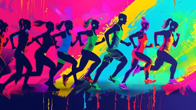 A vibrant and colorful painting of a diverse group of people running together. The artistic style uses bold colors and expressive strokes to convey energy and movement.