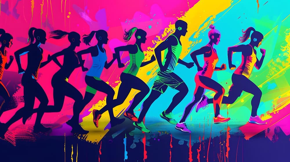 A vibrant and colorful painting of a diverse group of people running together. The artistic style uses bold colors and expressive strokes to convey energy and movement.