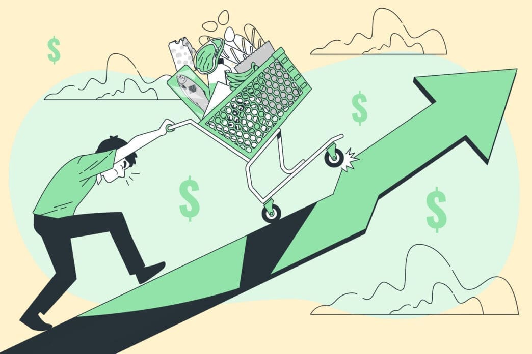 Illustration of rising costs, showing a shopping cart and an upward arrow symbolizing inflation's impact on the cost of living.
