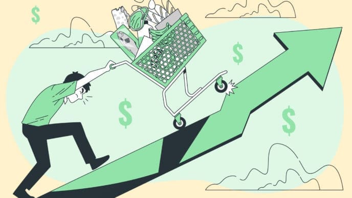 Illustration of rising costs, showing a shopping cart and an upward arrow symbolizing inflation's impact on the cost of living.