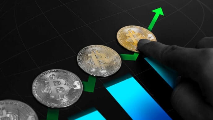 A conceptual image showing physical Bitcoin coins placed on a rising blue bar chart. A person's finger pushes a golden Bitcoin upwards along a green arrow, symbolizing investment and growth.