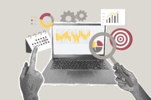 A conceptual illustration showing hands interacting with a laptop. Various graphic elements like bar charts, pie charts, gears, a calendar, a magnifying glass, and a target float around, symbolizing data-driven marketing and strategy.