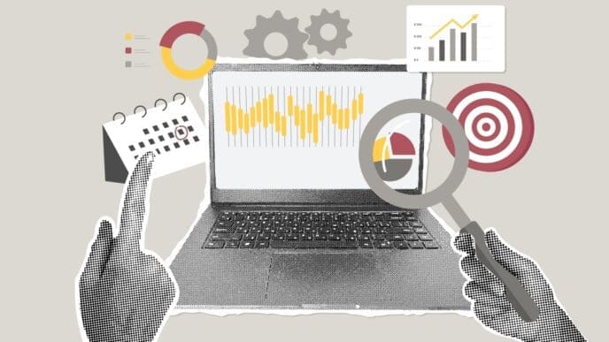 A conceptual illustration showing hands interacting with a laptop. Various graphic elements like bar charts, pie charts, gears, a calendar, a magnifying glass, and a target float around, symbolizing data-driven marketing and strategy.