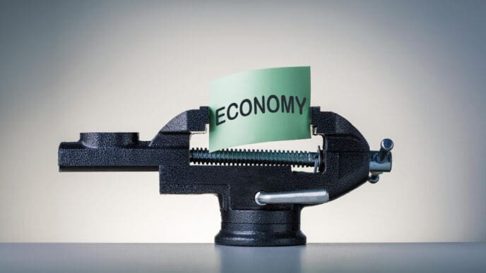 A conceptual image of a black bench vise squeezing a piece of green paper with the word "ECONOMY" printed on it, symbolizing economic pressure.