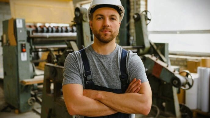 A man who appears to be White, wearing a white hard hat and blue overalls over a grey t-shirt, stands with his arms crossed in a factory setting with blurred machinery in the background.