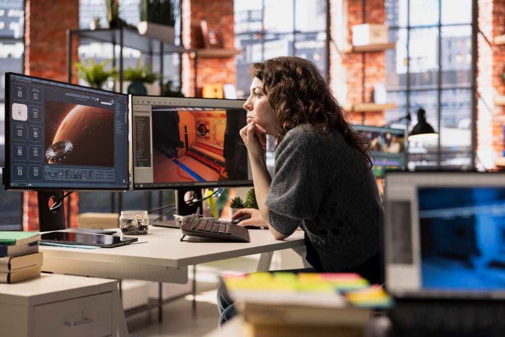 A woman, who appears to be White, sits at a desk with multiple monitors, focused on complex graphic design or 3D modeling software displayed on the screens.