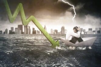 A conceptual image of a financial crisis, showing a man huddled in despair in a paper boat on turbulent waters under a stormy sky with lightning, while a large green graph arrow crashes into the water near a city skyline.
