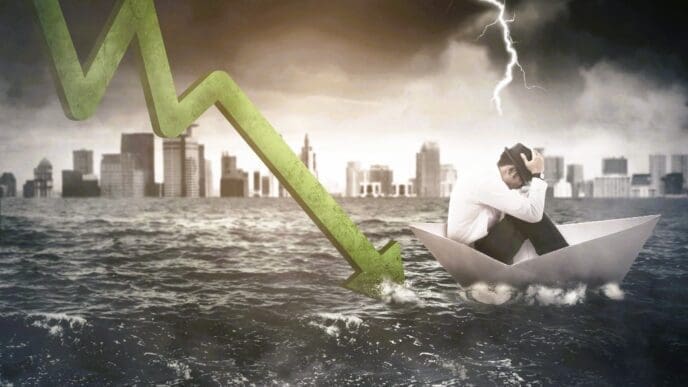 A conceptual image of a financial crisis, showing a man huddled in despair in a paper boat on turbulent waters under a stormy sky with lightning, while a large green graph arrow crashes into the water near a city skyline.