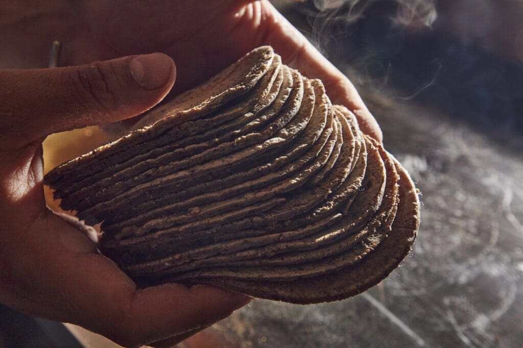 A close-up of a person's hands holding a warm stack of freshly made, slightly rustic tortillas, with faint steam rising, in what appears to be a kitchen setting.