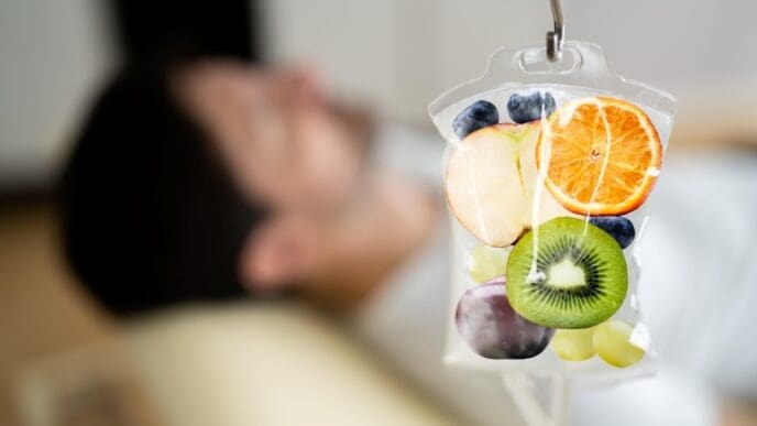 A clear IV drip bag hangs from a stand, filled with colorful slices of various fruits like oranges, kiwi, blueberries, apples, and grapes, with a blurry figure of a person lying down in the background.