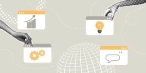 A conceptual illustration of global marketing, showing hands arranging windows with icons for analytics, automation, ideas, and communication over a wireframe globe.