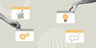 A conceptual illustration of global marketing, showing hands arranging windows with icons for analytics, automation, ideas, and communication over a wireframe globe.