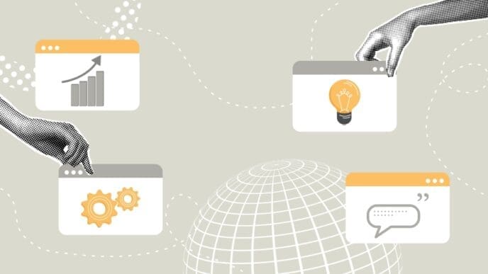 A conceptual illustration of global marketing, showing hands arranging windows with icons for analytics, automation, ideas, and communication over a wireframe globe.