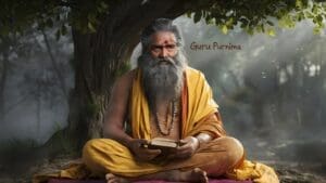 A Guru with a long white beard sits outdoors, surrounded by devotees.
