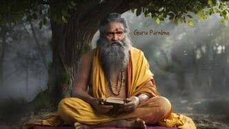 A Guru with a long white beard sits outdoors, surrounded by devotees.