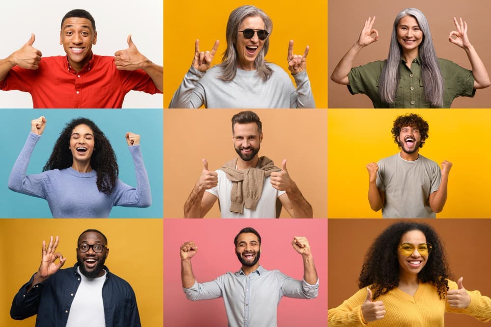 A 3x3 grid collage of nine portraits showing a diverse group of happy and energetic people making positive hand gestures like thumbs up, the OK sign, and victory poses against colorful backgrounds.