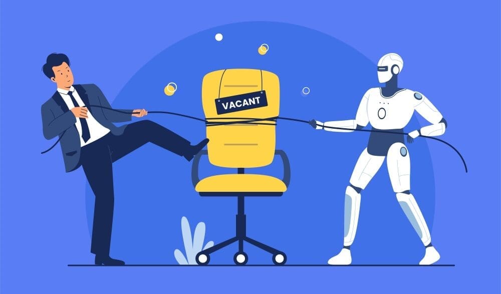 A vector illustration depicting a tug-of-war between a human businessman on the left and a humanoid robot on the right, pulling over a yellow office chair with a "VACANT" sign, symbolizing the competition for jobs between humans and AI.