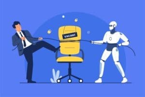 A vector illustration depicting a tug-of-war between a human businessman on the left and a humanoid robot on the right, pulling over a yellow office chair with a "VACANT" sign, symbolizing the competition for jobs between humans and AI.