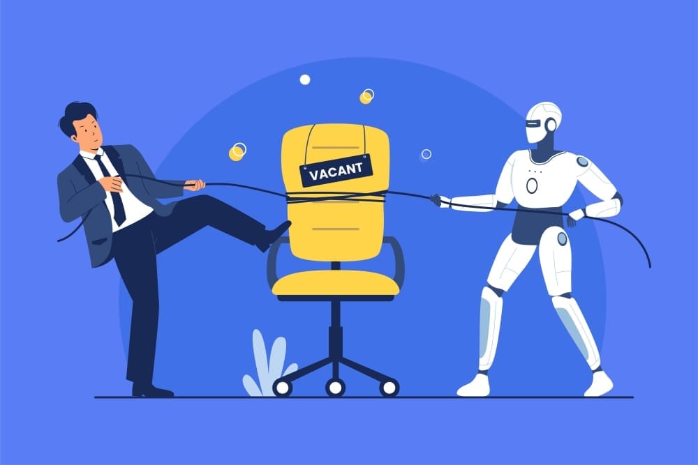 A vector illustration depicting a tug-of-war between a human businessman on the left and a humanoid robot on the right, pulling over a yellow office chair with a "VACANT" sign, symbolizing the competition for jobs between humans and AI.