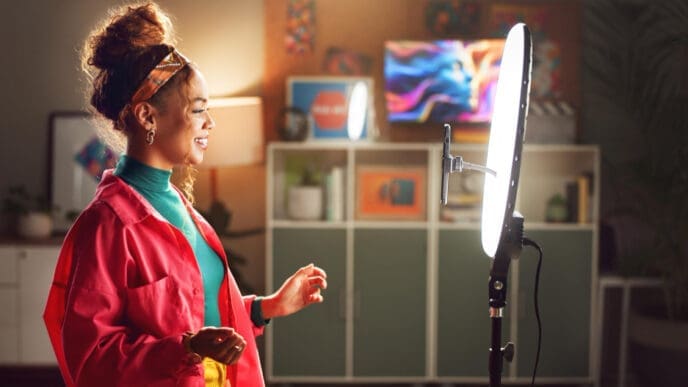 A smiling young woman, who appears to be Black or of mixed-race descent, stands in front of a ring light and smartphone, confidently speaking as she records content for an audience.
