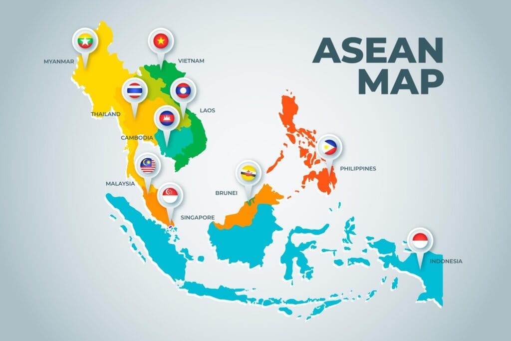 An infographic map of Southeast Asia titled "ASEAN MAP," showing the 10 member countries of the Association of Southeast Asian Nations in different colors. Each country is marked with a pin containing its national flag and name.