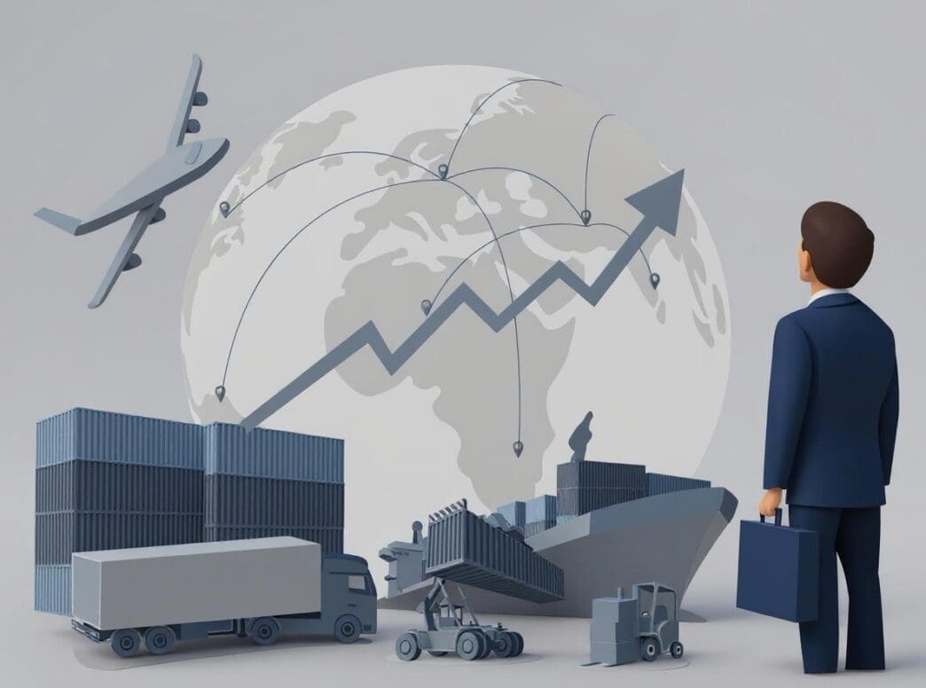 An illustration of international trade showing a businessman looking at a cargo ship, airplane, and truck, with a rising arrow over a globe to symbolize global logistics and commerce.