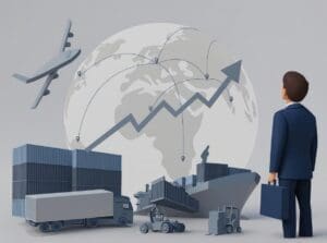 An illustration of international trade showing a businessman looking at a cargo ship, airplane, and truck, with a rising arrow over a globe to symbolize global logistics and commerce.